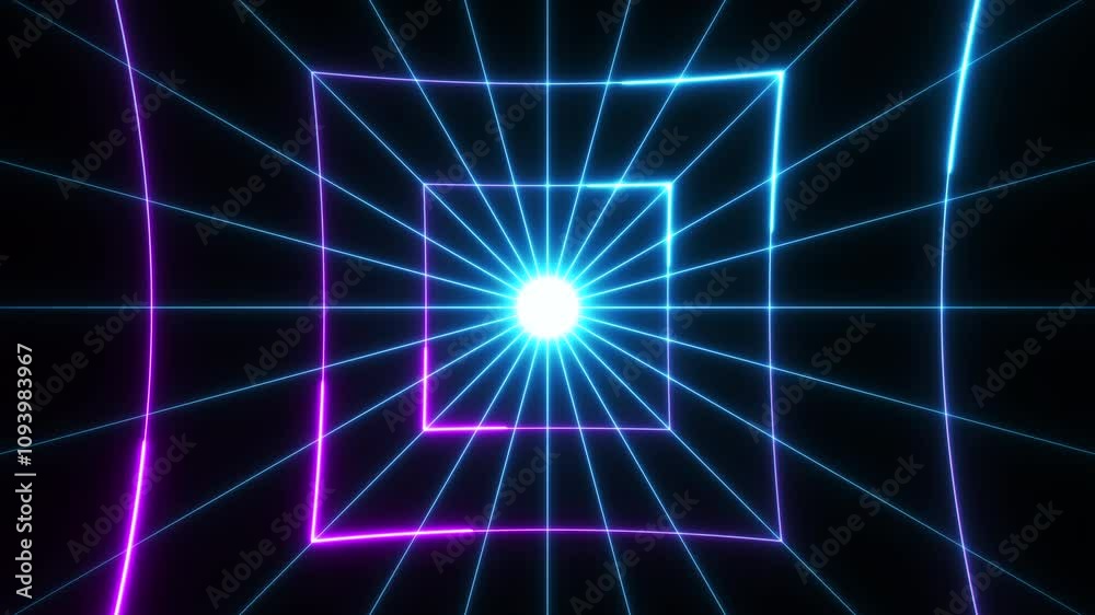 Glowing neon pink and blue laser rays on black background. Futuristic technology concept