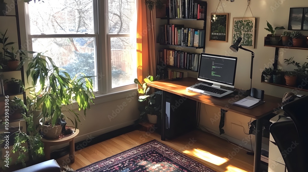 Fototapeta premium A workspace with a single laptop stand and no additional clutter