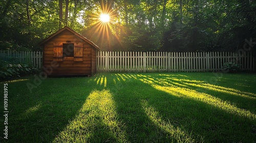 Sunbeams Illuminate Play House in Lush Green Backyard Garden Scene photo