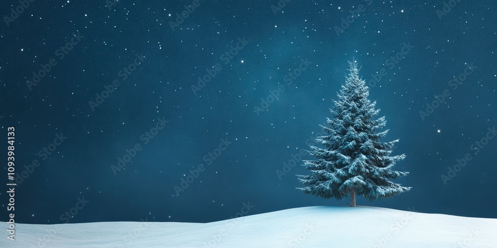 Majestic Evergreen Tree Standing Alone on a Snowy Hill with Softly Falling Snowflakes Against a Deep Blue Winter Sky for Holiday and Seasonal Themes Majestic Evergreen Tree Standing Alone on a Snowy Hill with Softly Falling Snowflakes Against a Deep Blue Winter Sky for Holiday and Seasonal Themes
