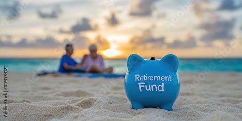 Blue Piggy Bank for Retirement Fund with Couple Enjoying Sunset at Beach, Symbolizing Financial Planning and Leisure Time in Warm Paradise Setting