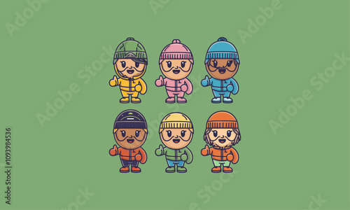 Cute characters in colorful winter outfits and hats.