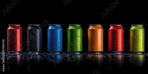A Vibrant Display of Colorful Aluminum Cans on a Black Background with Water Drops, Perfect for Beverage and Refreshment Themes