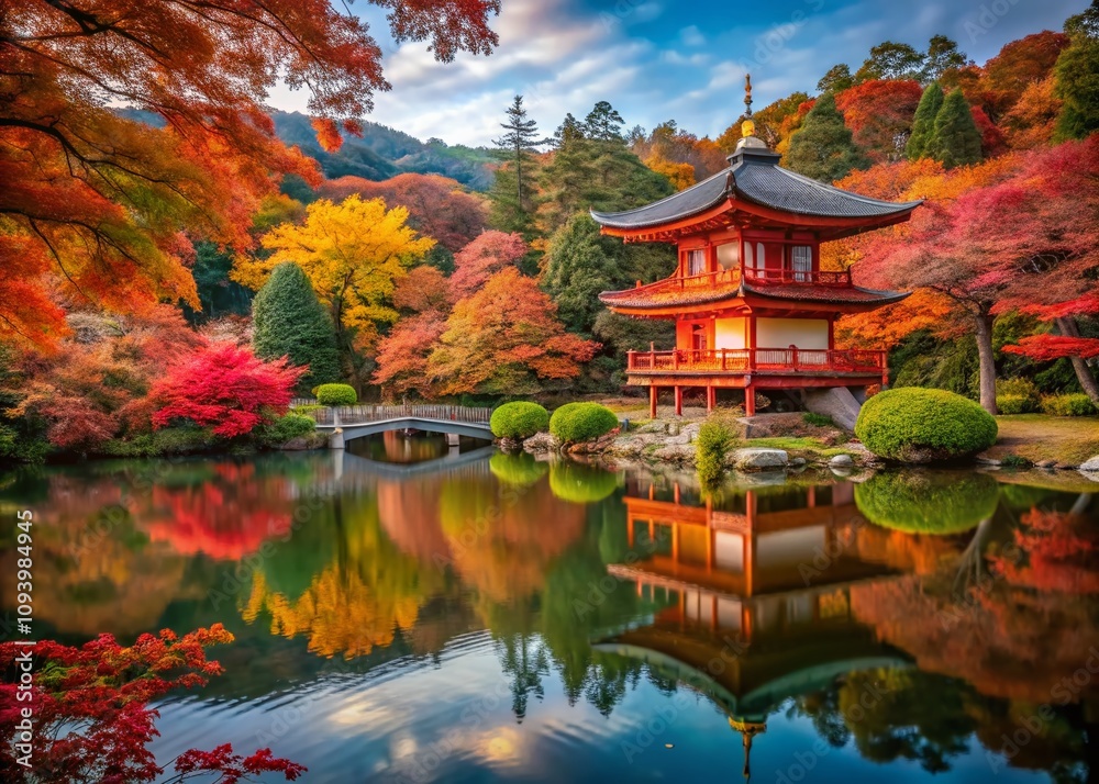 Obraz premium Serene Japanese Landscape Featuring Traditional Pagoda Surrounded by Vibrant Autumn Foliage with Tranquil Reflections in a Calm Pond and Lush Greenery in the Background