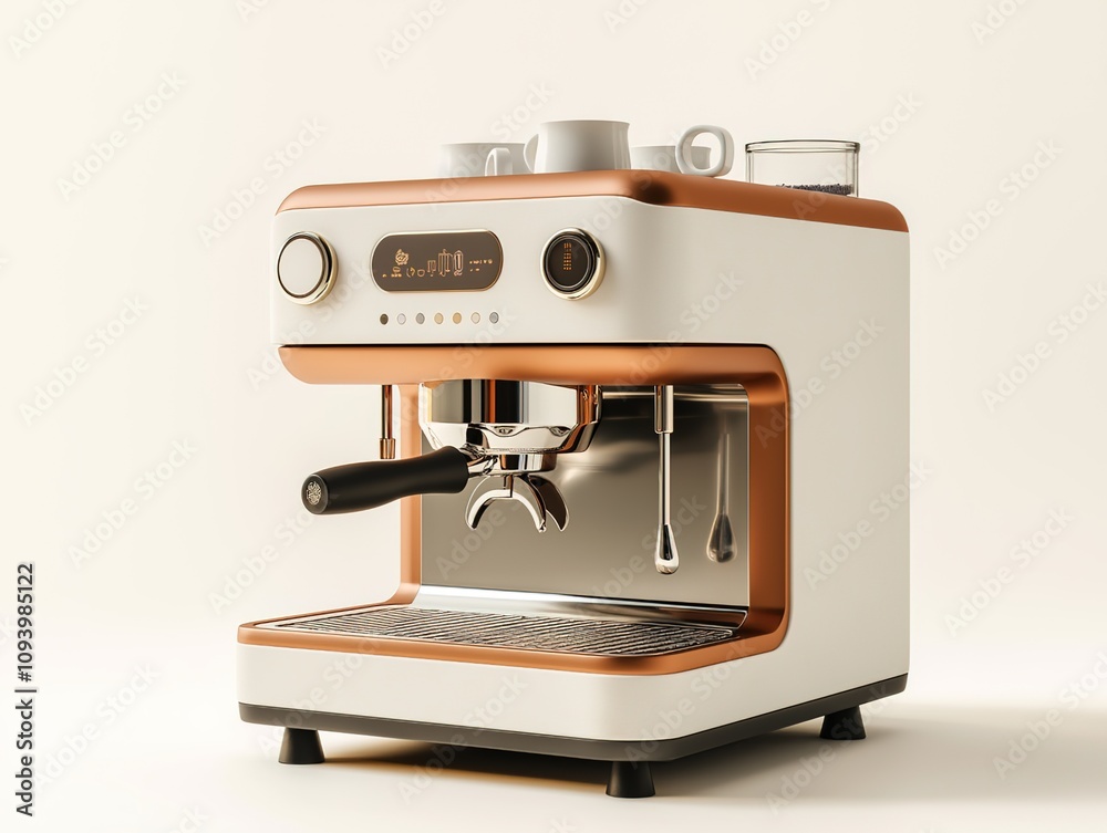 A coffee machine with warm and gentle colors, a white background, rendered in a 3D style, with an industrial design, product view, high resolution A coffee machine with warm and gentle colors, a white background, rendered in a 3D style, with an industrial design, product view, high resolution