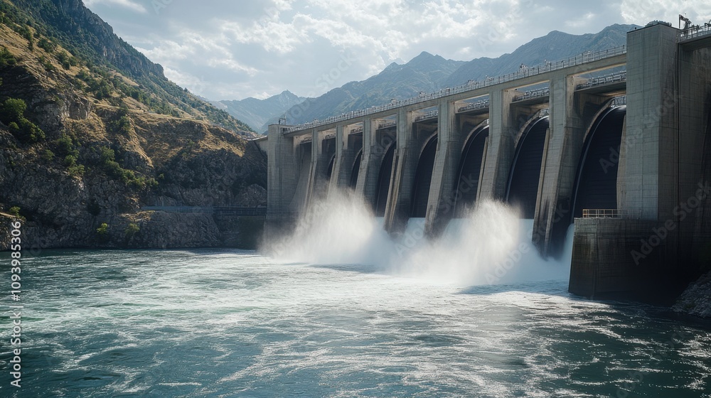 A massive hydroelectric dam with water rushing through its turbines, A massive hydroelectric dam with water rushing through its turbines,