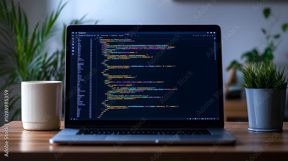 A workspace setup with a laptop displaying a minimalist browser interface A workspace setup with a laptop displaying a minimalist browser interface
