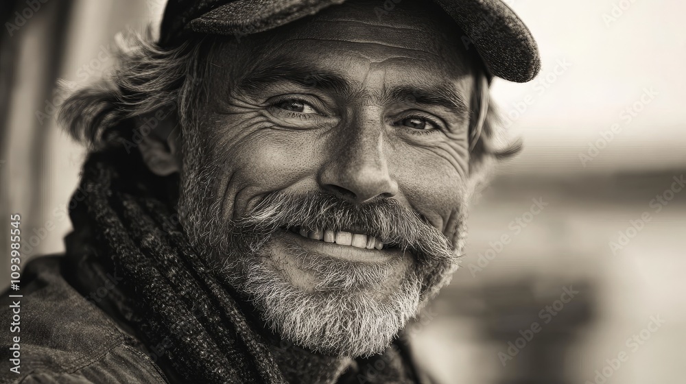 Smiling seventies fisherman with large mustache, dressed in vintage northern Norwegian attire, black and white portrait capturing rugged charm and timeless storytelling. Smiling seventies fisherman with large mustache, dressed in vintage northern Norwegian attire, black and white portrait capturing rugged charm and timeless storytelling.