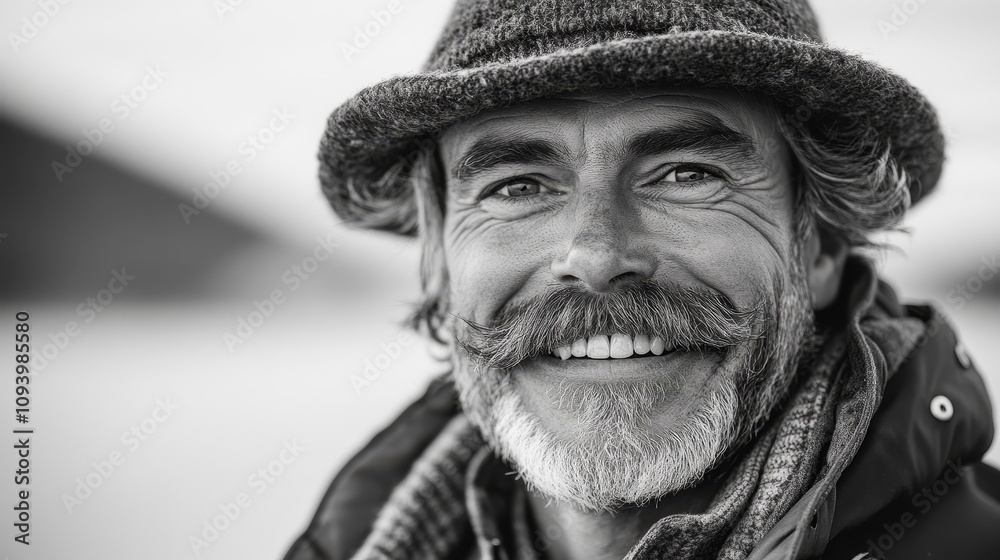 Smiling seventies fisherman with large mustache, dressed in vintage northern Norwegian attire, black and white portrait capturing rugged charm and timeless storytelling.