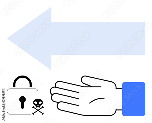 Hand reaching towards padlock and skull with crossbones, large left-facing arrow. Ideal for cyber security, danger, caution, restricted access, safety, protection warning. Line metaphor