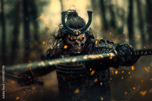 Samurai skeleton in heavy armor with katana in hands on fiery dark background... photo