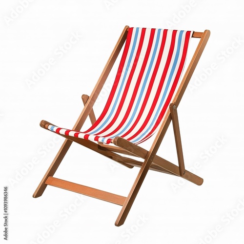 Red and white striped deck beach chair, classic design with wooden frame, isolated 