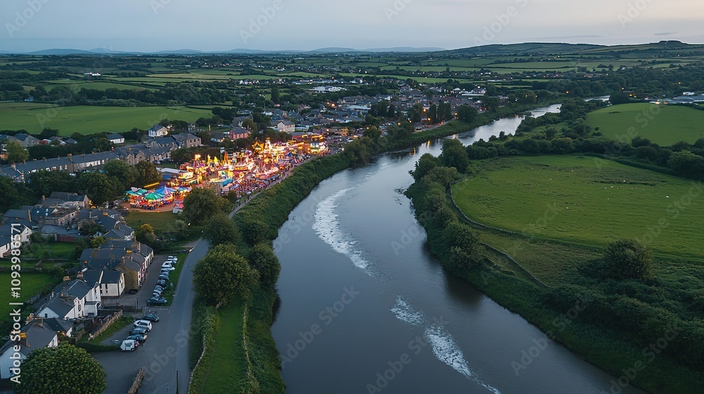 Aerial view of a town with a river and fair at dusk.