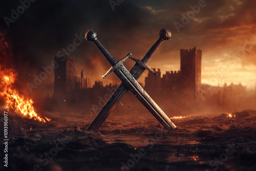 Crossed swords embedded in the ground on the background of ancient burning captured castle...