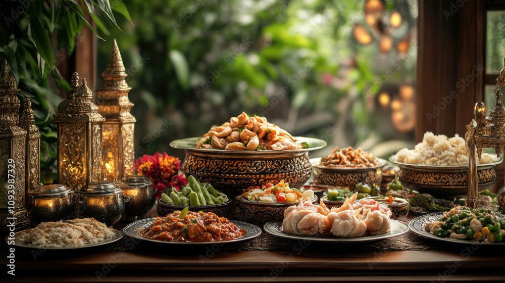 A traditional Thai food serving setup with popular dishes and beautifully decorated tableware