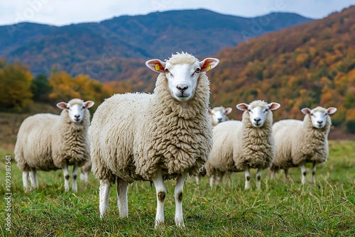 Sheep Grazing Serene Autumn Mountain Pasture, Fluffy Wool, Peaceful Herd, Scenic Landscape, Farm Animals, Idyllic Rural Scene, Majestic Mountain Views, Tranquil Farmland, Nature's Beauty