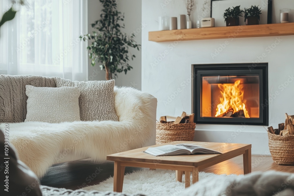 Fototapeta premium Cozy living room with a fireplace and a comfortable sofa.