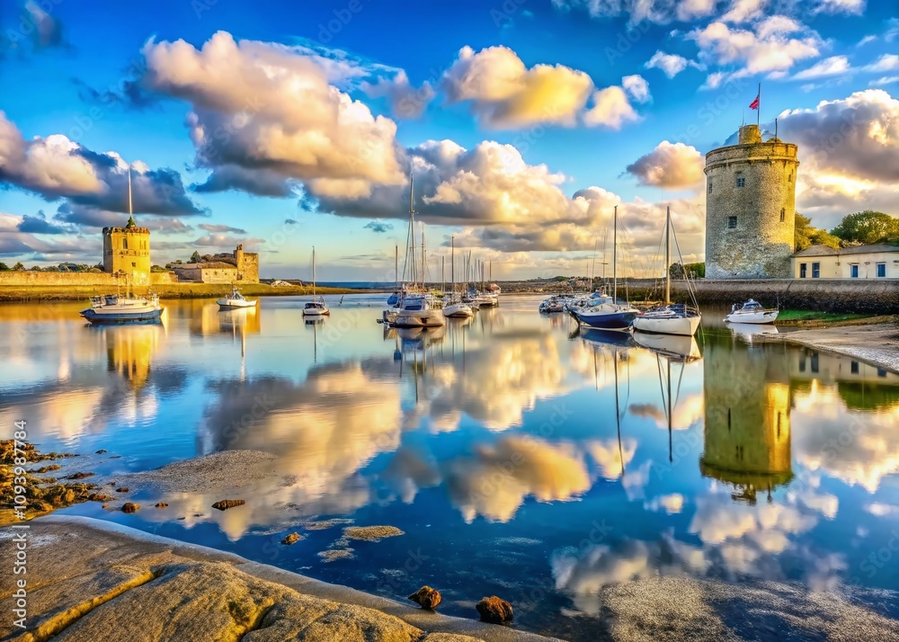 Naklejka premium Serene Low Tide at the Entrance of La Rochelle Port, Capturing the Tranquility of the Seascape with Sandy Shores and Coastal Reflections in Soft Natural Light