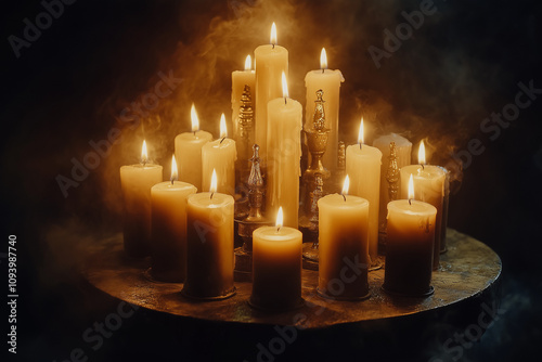 Many burning candles on a bronze altar background..