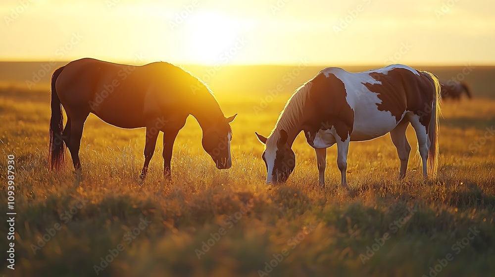 Horses Grazing in Golden Sunset Meadow, Serene Rural Landscape Photography Horses Grazing in Golden Sunset Meadow, Serene Rural Landscape Photography