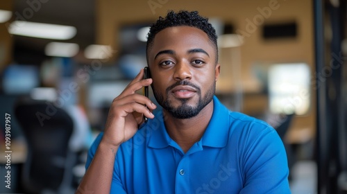 IT professional in a blue polo shirt talking to a client on a cell phone while sitting in a modern office, showcasing communication, technology, and professionalism in a work setting.