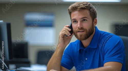 IT professional in a blue polo shirt talking to a client on a cell phone while sitting in a modern office, showcasing communication, technology, and professionalism in a work setting.
