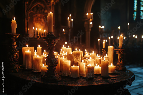 Many burning candles on a bronze altar background..