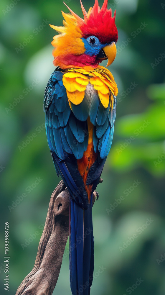 A beautiful bird with vibrant feathers, resembling the parrot's plumage in color and pattern. The head is blue or red, while its body has orange to yellow hues, resembling scales on top of it. A beautiful bird with vibrant feathers, resembling the parrot's plumage in color and pattern. The head is blue or red, while its body has orange to yellow hues, resembling scales on top of it.