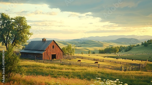 Serene Barn in Rolling Hills, Cattle Grazing Peacefully at Sunset