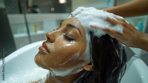 A stylist applying a clarifying shampoo during a hair wash to remove buildup and impurities, followed by a deep conditioning treatment for a fresh, clean feeling photo