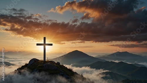 Christian cross on the of mountain with clouds fog over sunrise background, ai