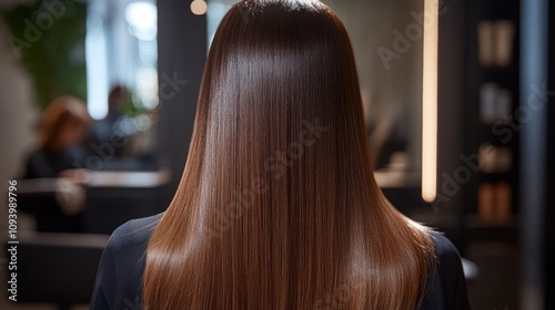 A stylist blow-drying long, straight hair with a paddle brush, creating sleek and shiny results with a glossy finish, using controlled heat to prevent frizz