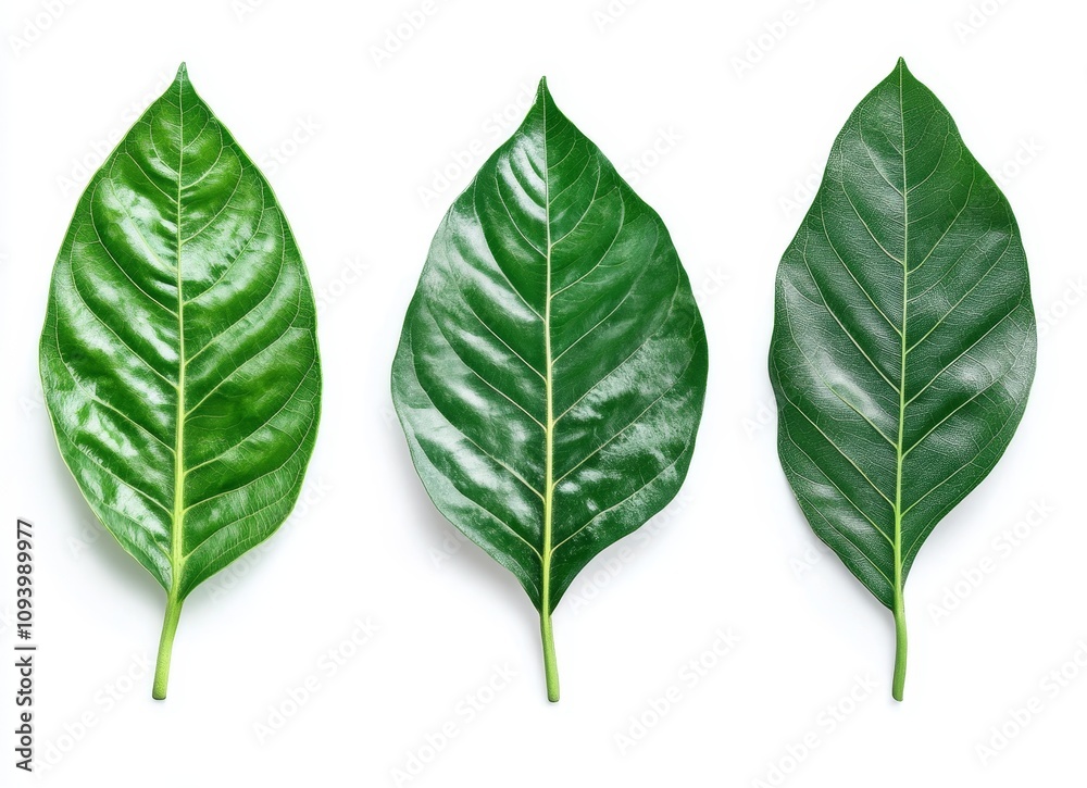 Fototapeta premium Three green leaves with prominent veins arranged horizontally on a white background.