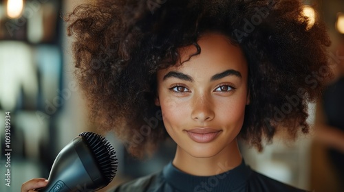 The hairdresser uses a professional blow dryer to gently dry the client's hair, leaving it smooth and frizz-free, and uses a round brush to add volume and shine. photo