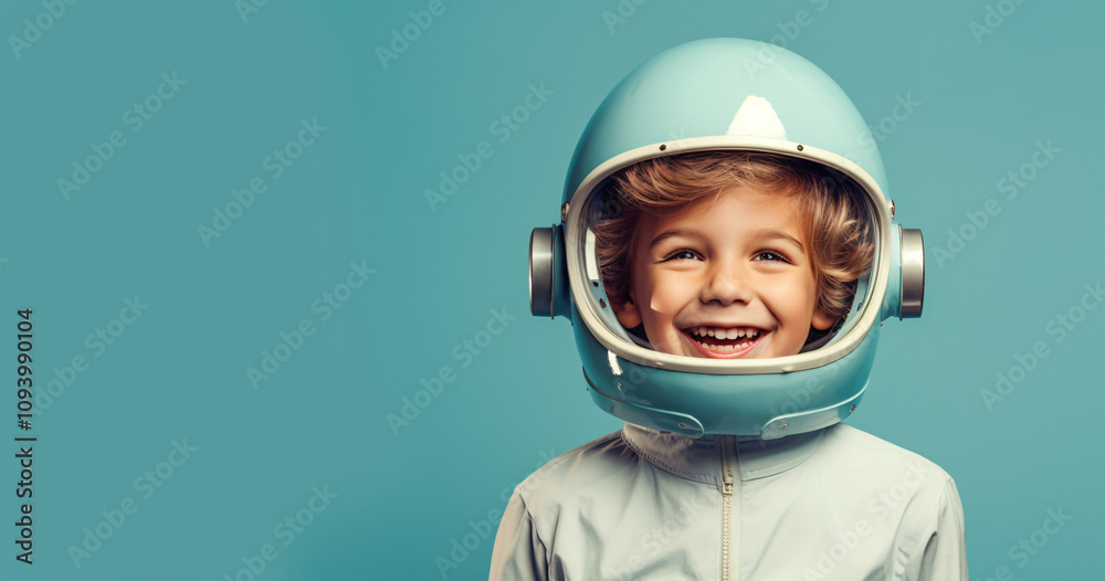 Child wearing a light blue space helmet smiles joyfully against a solid turquoise background, embodying the spirit of adventure and curiosity Child wearing a light blue space helmet smiles joyfully against a solid turquoise background, embodying the spirit of adventure and curiosity