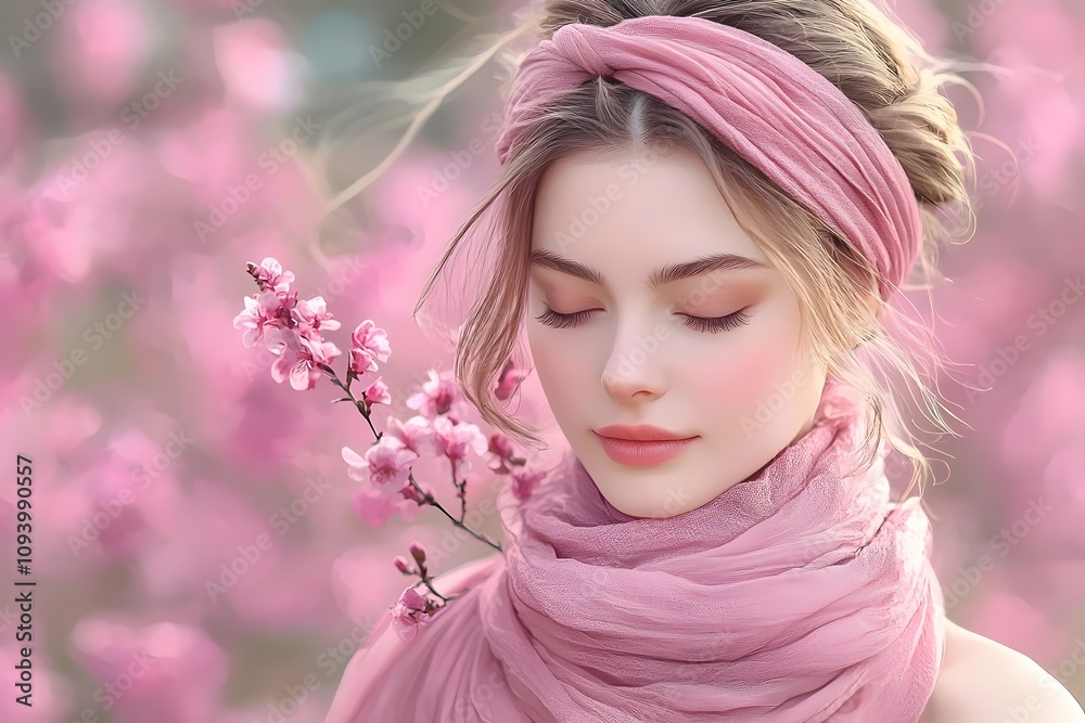Fototapeta premium A serene young woman with fair skin and long blonde hair, wearing a pink headscarf and scarf, surrounded by blooming cherry blossoms in soft pastel shades.