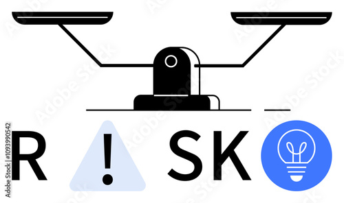 Scale balancing on central pivot with risk warning triangle symbol and idea lightbulb. Ideal for business strategies, decision making, risk management, innovation, creativity, balancing act