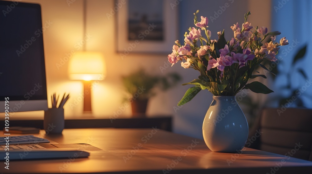 A compact office setup with a sleek wooden desk, warm lighting, and a vase of fresh flowers A compact office setup with a sleek wooden desk, warm lighting, and a vase of fresh flowers