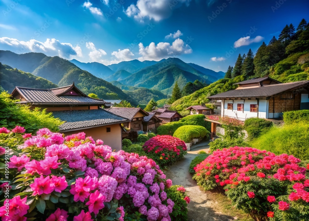 Serene Mountain Landscape Featuring Pink Flower Bushes and Quaint Houses Nestled Amongst Lush Greenery Under a Clear Blue Sky Serene Mountain Landscape Featuring Pink Flower Bushes and Quaint Houses Nestled Amongst Lush Greenery Under a Clear Blue Sky