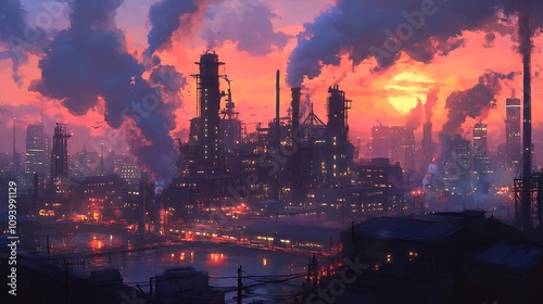 Industrial Cityscape at Sunset, Digital Painting AI Generated