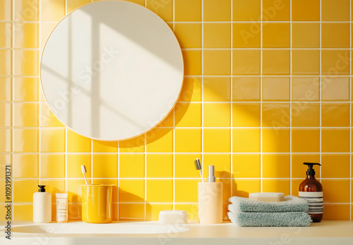 A bright yellow bathroom wall with tiled tiles, featuring a round mirror hanging above the sink and various personal care products on top of it