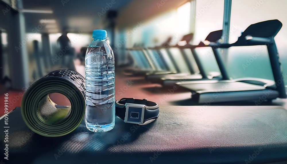 A gym with several treadmills in the background and a water bottle and fitness tracker on benches in the foreground.