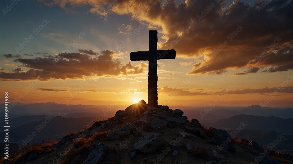 Illuminated cross on a Holy Bible. with a dramatic background sky, ai Illuminated cross on a Holy Bible. with a dramatic background sky, ai
