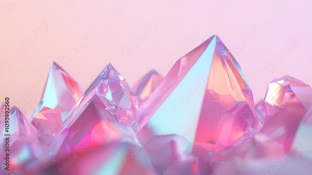 A close-up view of colorful, shimmering crystals with sharp peaks, reflecting light in shades of pink and blue against a soft background. A close-up view of colorful, shimmering crystals with sharp peaks, reflecting light in shades of pink and blue against a soft background.