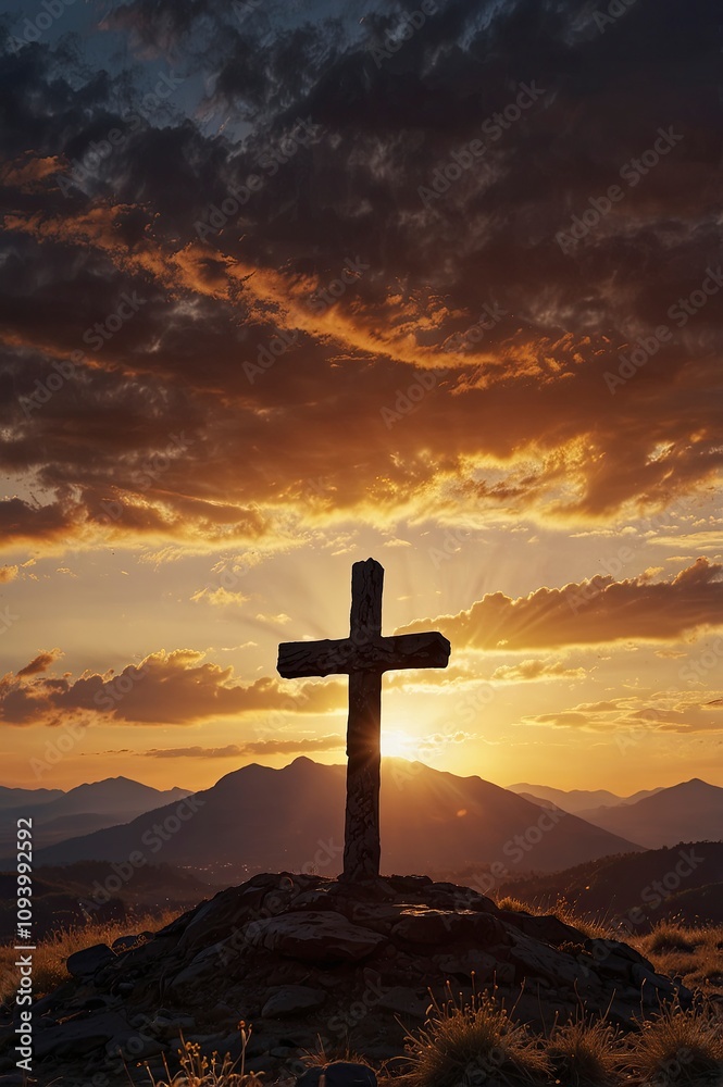 Silhouette cross on Calvary mountain sunset background. Easter concept, ai Silhouette cross on Calvary mountain sunset background. Easter concept, ai
