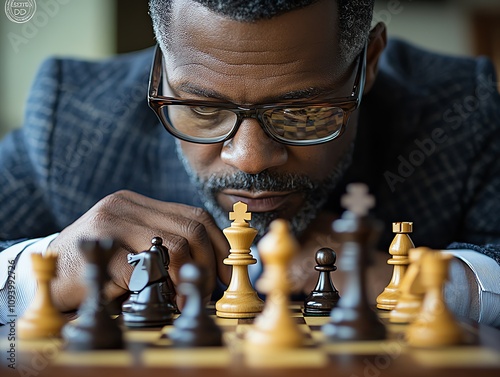 Focused man playing chess, strategic thinking. (1) photo