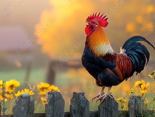 Rooster Crows at Dawn on Rustic Fence, Golden Hour photo