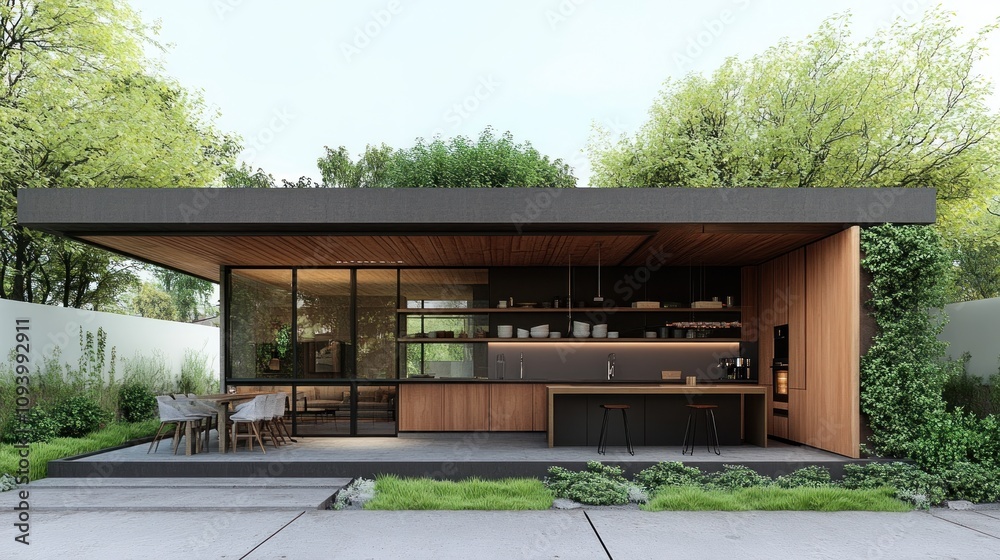 Modern house design featuring a sleek exterior and outdoor dining area. Modern house design featuring a sleek exterior and outdoor dining area.