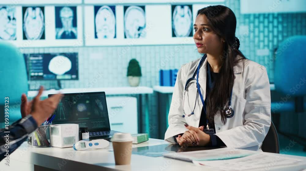 Specialist and patient discussing diagnostic results in a modern medical office, establishing advanced healthcare technology to present x ray imaging results and MRI scans. Care management. Camera A. Specialist and patient discussing diagnostic results in a modern medical office, establishing advanced healthcare technology to present x ray imaging results and MRI scans. Care management. Camera A.