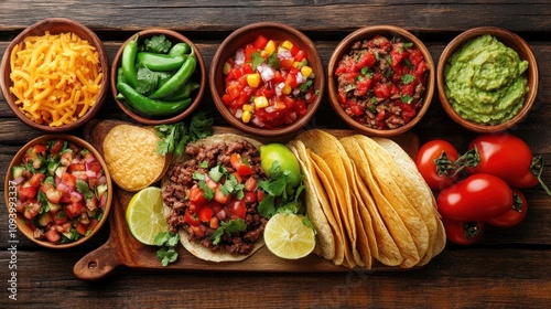 A vibrant taco spread featuring various toppings and sides for a festive meal.